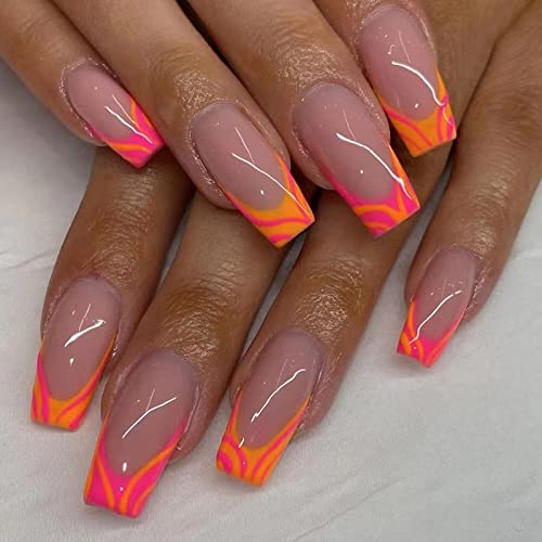 Orange Ombre Acrylic Nails Set - 24 Piece Reusable French Tip Manicure Kit