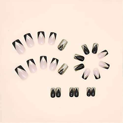 24 Piece Black and Gold Acrylic Nail Set Medium Length - Image 3