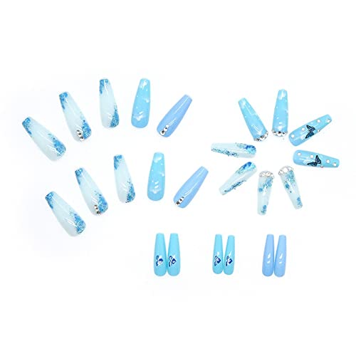 Chic Blue Butterfly Acrylic Nail Set 24 Pieces Durable & Easy Application - Image 4