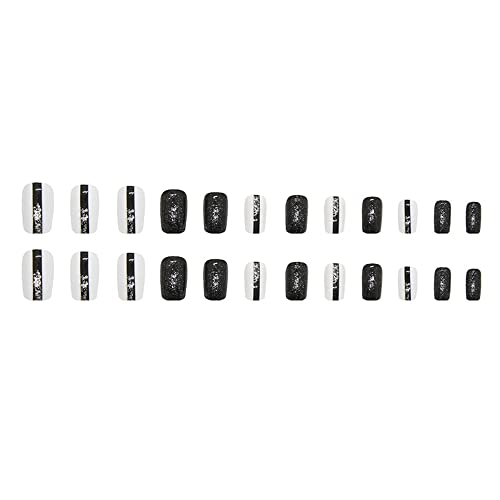 24 Piece Monochrome Acrylic Nails Set Black White Silver - Image 7