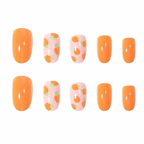 Acrylic nails in orange and green colors. - Image 2