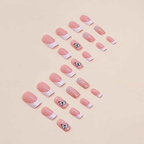 White butterfly design on acrylic nails. - Image 3