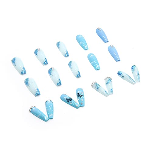 Chic Blue Butterfly Acrylic Nail Set 24 Pieces Durable & Easy Application - Image 3