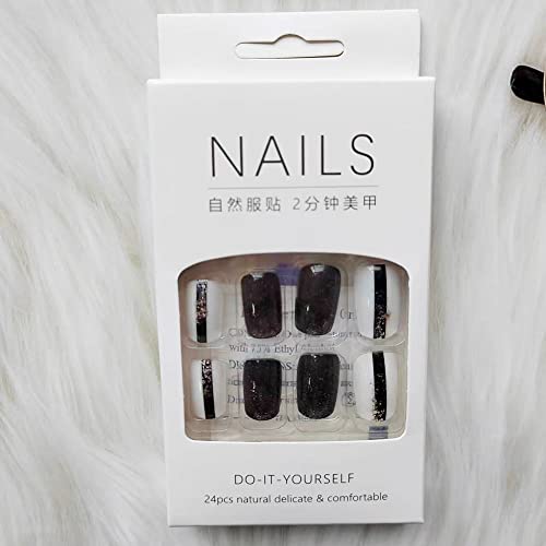 24 Piece Monochrome Acrylic Nails Set Black White Silver - Image 3
