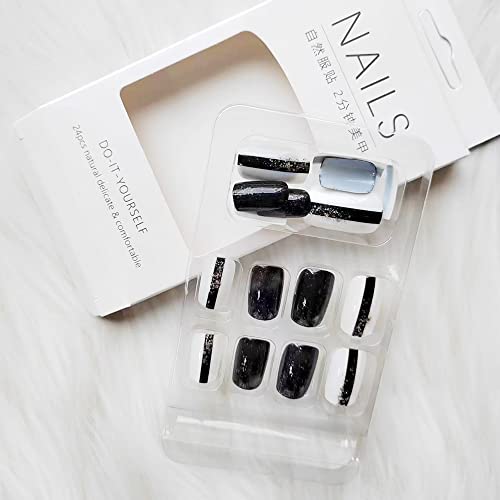24 Piece Monochrome Acrylic Nails Set Black White Silver - Image 5