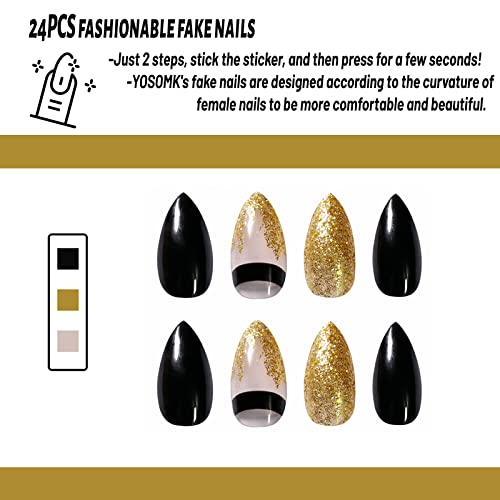 Black and Gold Press-On Nails Set, Medium Size, Easy Application - Image 4