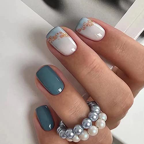 Stylish Blue and Gold Acrylic Nail Set - 24 Piece Long Length Manicure