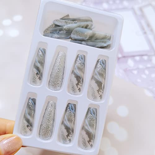 Elegant Blue and Silver Acrylic Nail Art Design Set 24 Pieces - Image 4