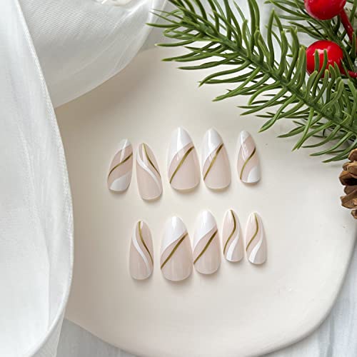Set of 24 Elegant White and Gold Acrylic Nails for Stunning Manicure - Image 4