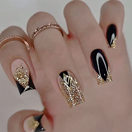 Chic Black and Gold Acrylic Nails Set 24 Piece Medium Size Stylish Manicure