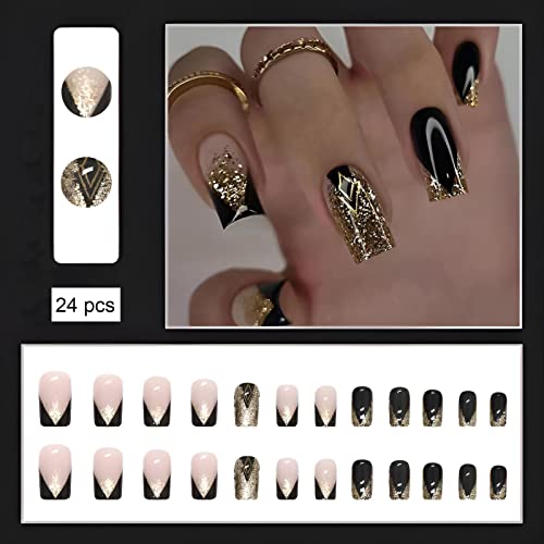 24 Piece Black and Gold Acrylic Nail Set Medium Length - Image 2