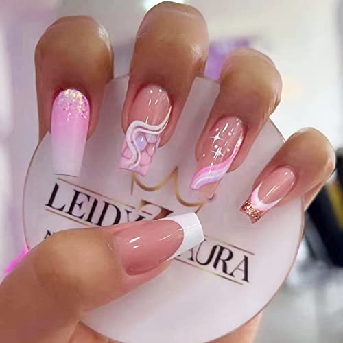 24-Piece Pastel Coffin Acrylic Nail Set for a Stylish, Medium Manicure