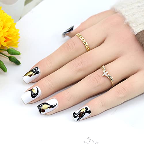 Black Gold White Acrylic Nails Stylish Elegant Nail Art 24 pcs - Image 2