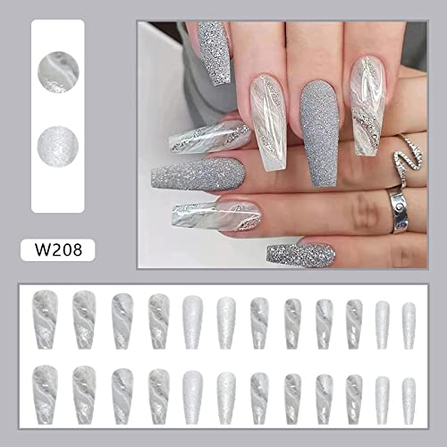 Elegant Blue and Silver Acrylic Nail Art Design Set 24 Pieces - Image 2