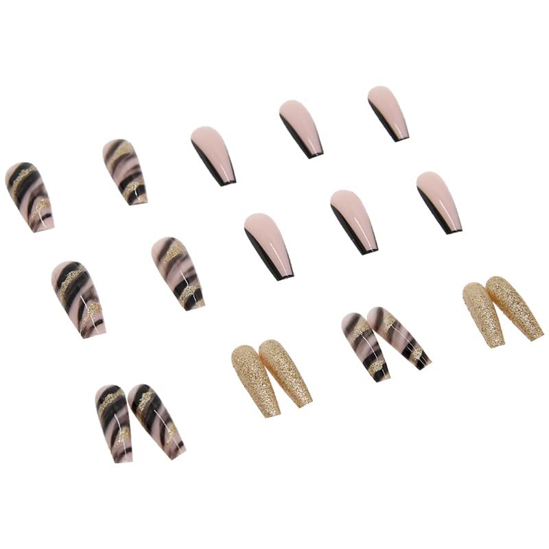 Black and Gold Coffin Acrylic Nails Set for Stylish and Elegant Manicures - Image 4