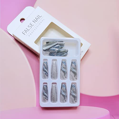 Elegant Blue and Silver Acrylic Nail Art Design Set 24 Pieces - Image 7