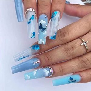 Chic Blue Butterfly Acrylic Nail Set 24 Pieces Durable & Easy Application