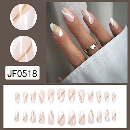 Set of 24 Elegant White and Gold Acrylic Nails for Stunning Manicure - Image 3