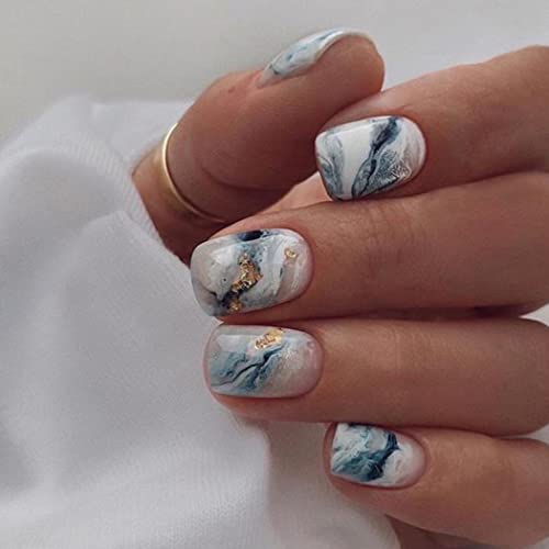 Blue and White Swirl Marble Acrylic Nail Design 20 pcs Pack