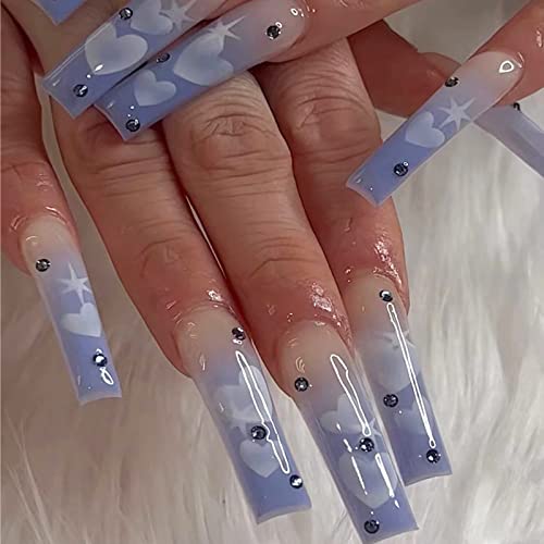 24 Piece Coffin Blue Acrylic Nail Design Set for Stylish Manicures