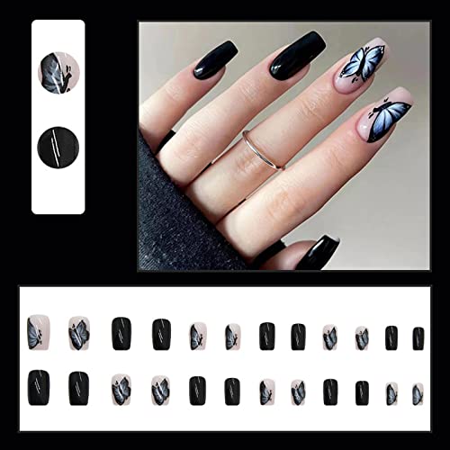 Butterfly Coffin Acrylic Nails Set for Stylish Nail Art - 24 Pieces - Image 2