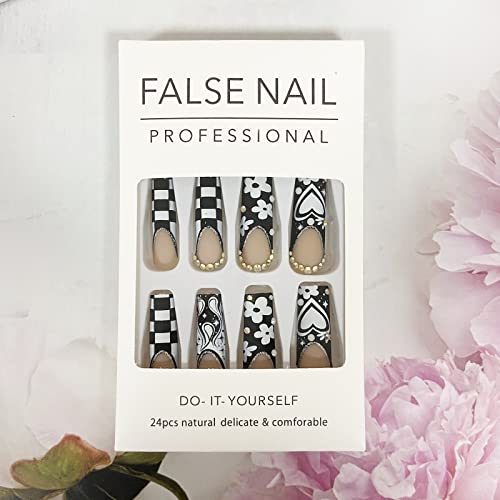 24pc Checkered Black White Acrylic Nail Tips for Chic Nail Art Designs - Image 6