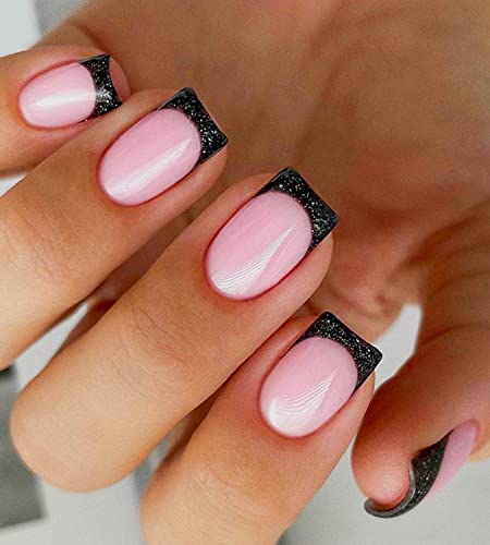 24 Piece Black and Pink Acrylic Nail Design Set for Stylish Manicures