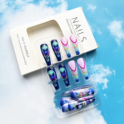 24 Piece Alien-Inspired Acrylic Nails Set for Unique and Stylish Nail Art - Image 3
