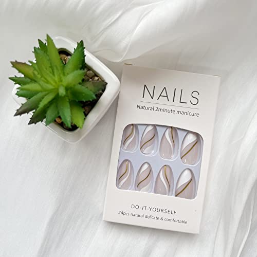 Set of 24 Elegant White and Gold Acrylic Nails for Stunning Manicure - Image 6