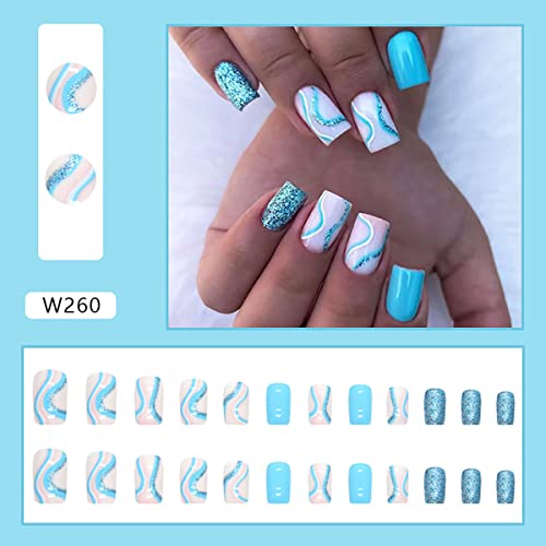 Short Blue Acrylic Coffin Nails for Stylish Trendy Nail Art Designs - Image 2