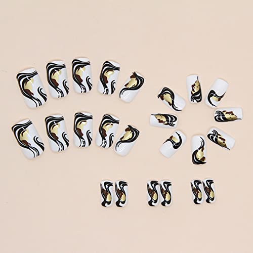 Black Gold White Acrylic Nails Stylish Elegant Nail Art 24 pcs - Image 6