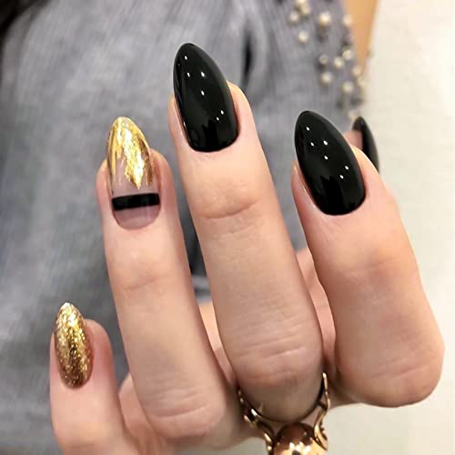 Black and Gold Press-On Nails Set, Medium Size, Easy Application