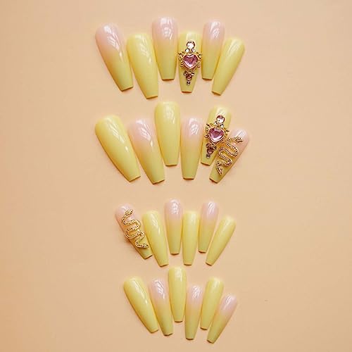 Stylish Yellow Coffin Acrylic Nails Set for Trendy Nail Art Designs - Image 3