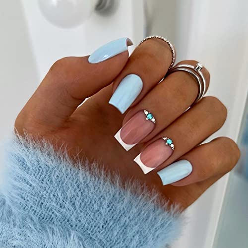 24 Piece Blue and White Acrylic Nails Set for Stylish Trendy Manicure