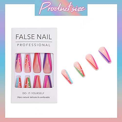 Vibrant Rainbow Coffin Acrylic Nails 24pc Set for Stylish Manicure - Image 4