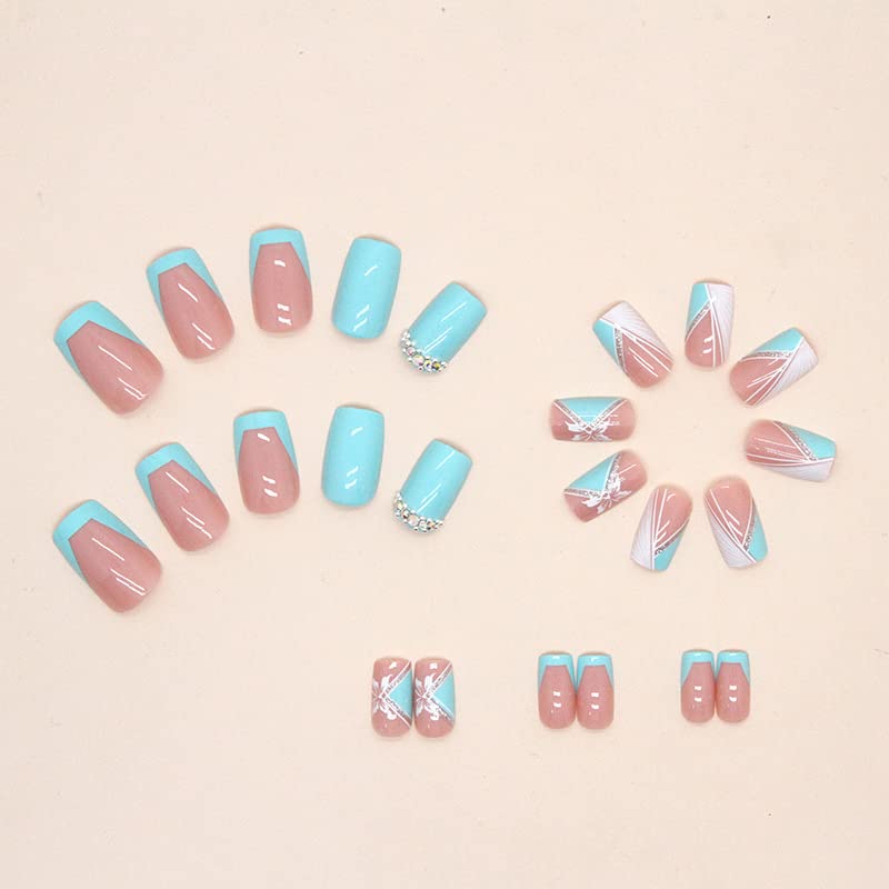 Teal and Gold Short Acrylic Nails Kit, Easy Application, Stylish Look - Image 4