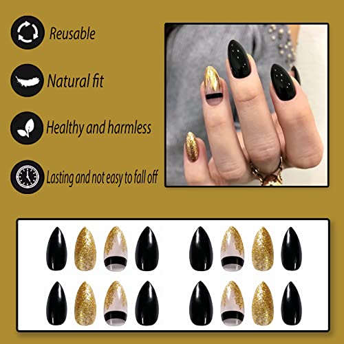 Black and Gold Press-On Nails Set, Medium Size, Easy Application - Image 2