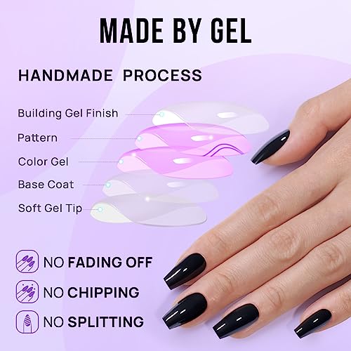 Short Black Acrylic Coffin Nails for Elegant Nail Art Design 24pc Set - Image 3