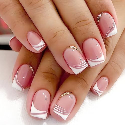 Elegant French Manicure Acrylic Nails Set with Stylish Designs, 24 Piece