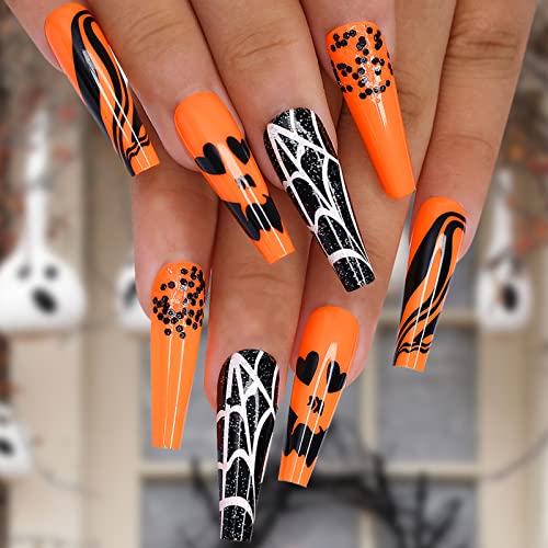 Orange Halloween Acrylic Nails Set 24 Pieces for Spooky Nail Art Easy to Apply