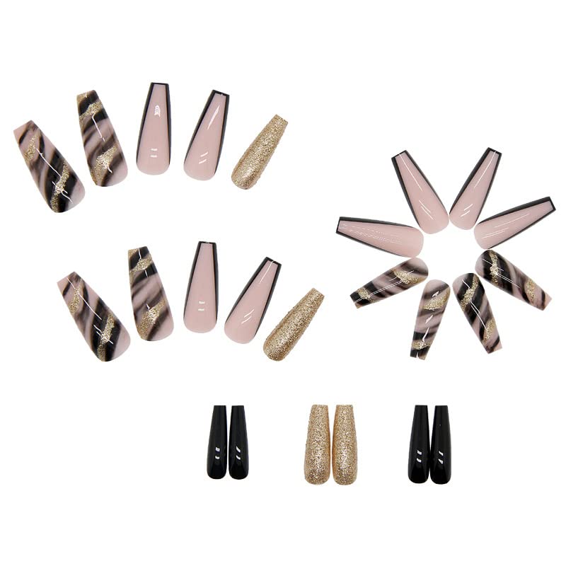 Black and Gold Coffin Acrylic Nails Set for Stylish and Elegant Manicures - Image 3