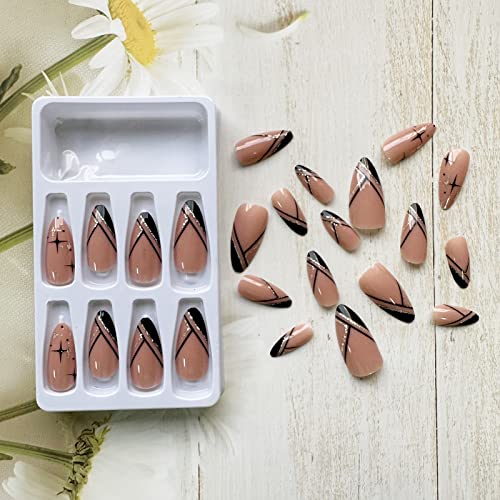 Black Gold Acrylic Nail Set Stylish Manicure 24 Pieces Long Length - Image 4