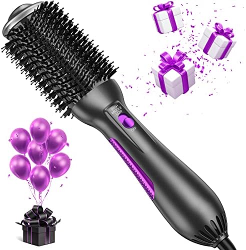 Purple blow dryer brush for styling hair efficiently.