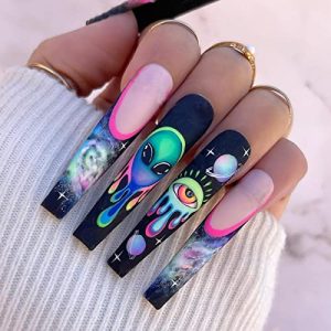 24 Piece Alien-Inspired Acrylic Nails Set for Unique and Stylish Nail Art