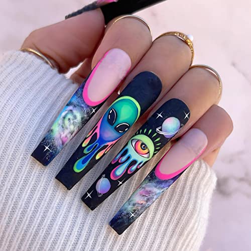 24 Piece Alien-Inspired Acrylic Nails Set for Unique and Stylish Nail Art
