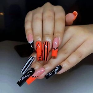 Stylish Black and Orange Acrylic Nail Art Set - 24 Pieces