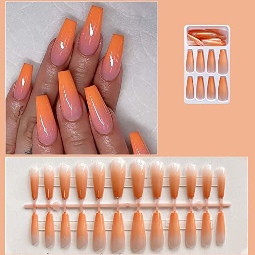 Orange Coffin Acrylic Nails 24 Piece Set Medium Length - Image 3