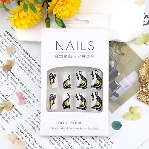 Black Gold White Acrylic Nails Stylish Elegant Nail Art 24 pcs - Image 3
