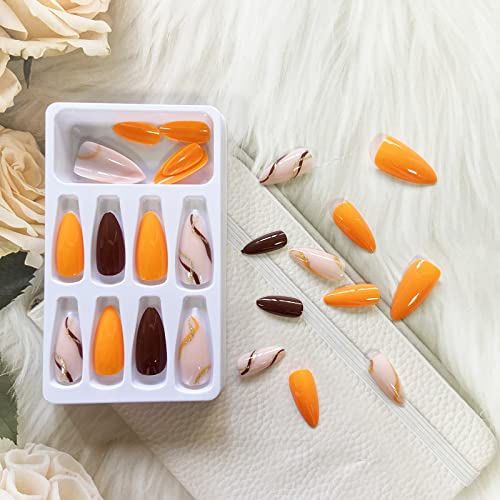 Trendy Orange Brown Acrylic Nails Set Medium Size Stylish Manicure - Image 4