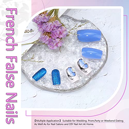 Blue butterfly design on acrylic nails. - Image 2
